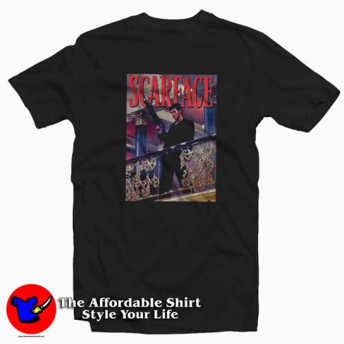 Scarface Tony Montana Balcony Railing Shot T Shirt 500x500 Scarface Tony Montana Balcony Railing Shot T shirt On Sale